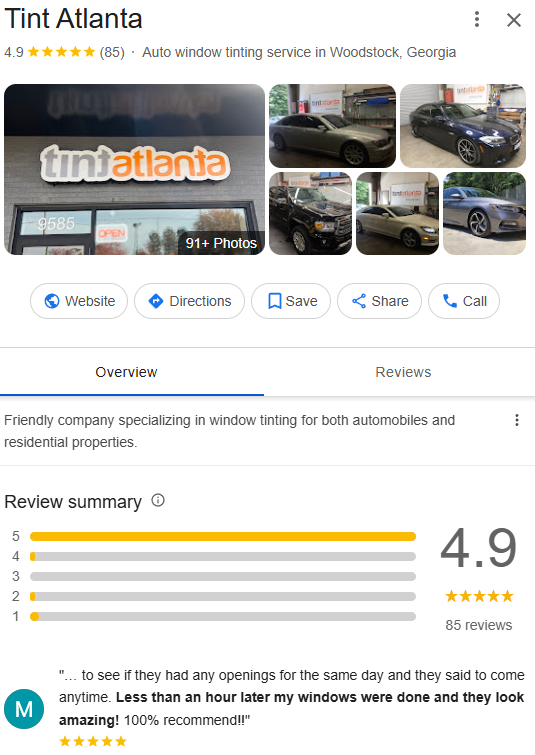 Tint Atlanta Google reviews after RepMint