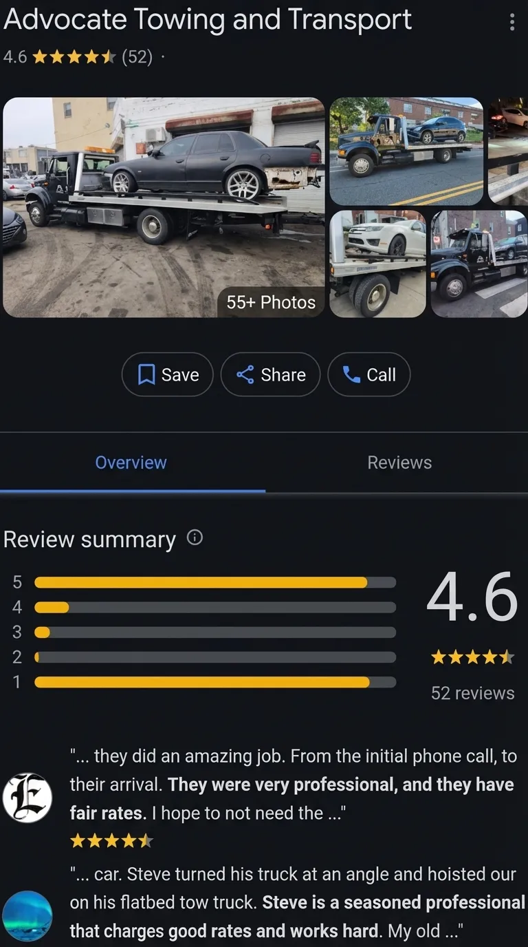 Advocate Towing Google reviews before RepMint