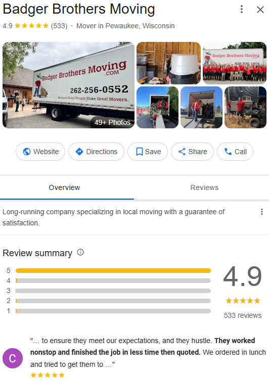 Badger Moving Google reviews after RepMint