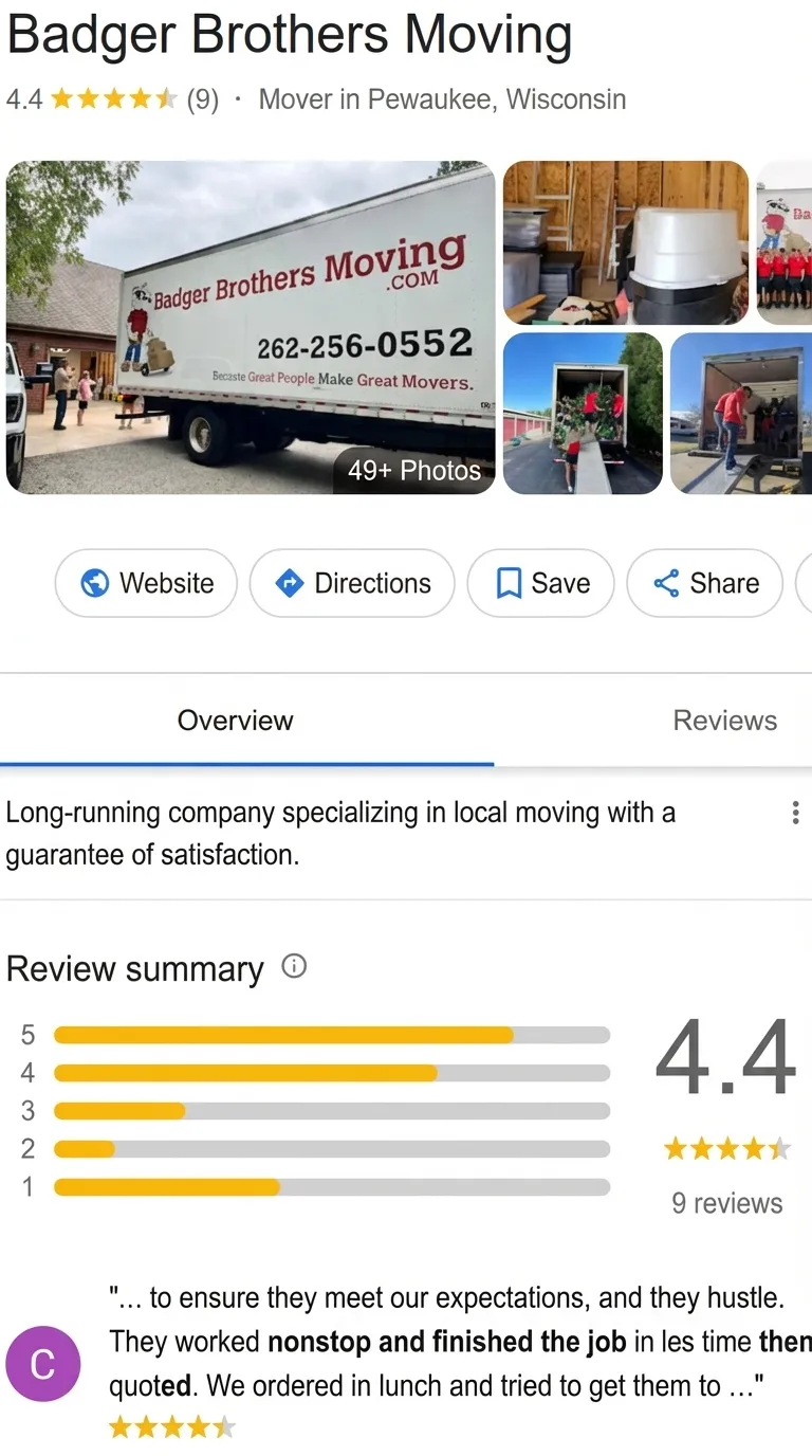 Badger Moving Google reviews before RepMint